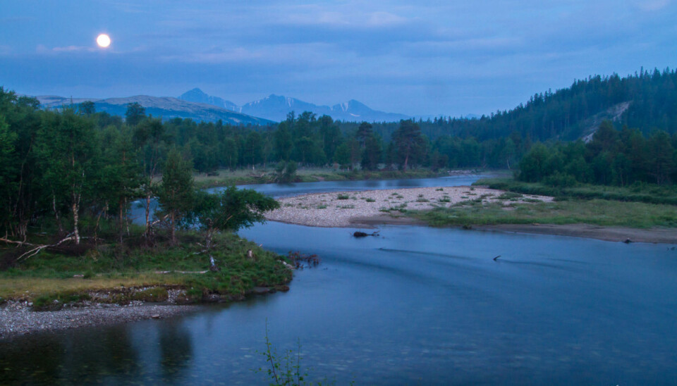 A full moon over Grimsa and the surrounding landscape. Fullmåne over elvestrekk i Grimsa fluesone.