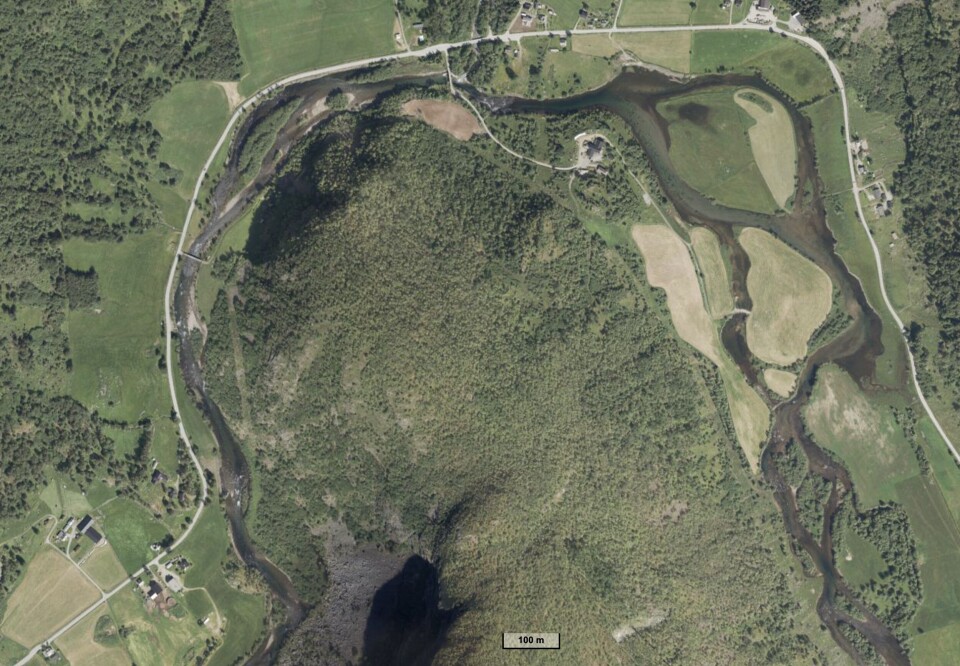 An aerial view of a section of the fly fishing zone on Borgundselva shows the variation and water clarity of Borgundselva, with deep runs and braided side channels, perfect for trout!